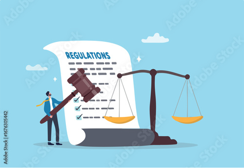 Regulations, law or rules, authority, legislation or government lawsuit, legal document justice or courthouse, verdict or punishment concept, businessman hold gavel with scale and regulation document