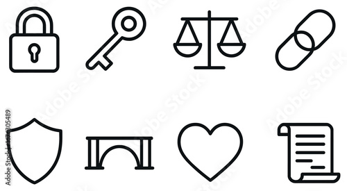 Security and law linear icon set. featuring lock, key, scales, link, shield, monument, heart, document symbols
