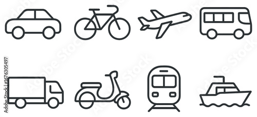 Transportation linear icon set. featuring car, bicycle, airplane, bus, truck, scooter, train, and boat symbols