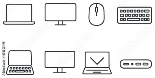 Office technology linear icon set. featuring laptop, monitor, mouse, keyboard, desktop, and docking station symbols