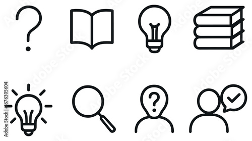 Education and knowledge linear icon set. featuring question, book, light bulb, magnifying glass, and person symbols