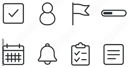 Ui elements linear icon set. featuring checkmark, user, flag, progress bar, calendar, notification, checklist, document