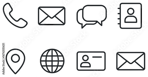 Web communication linear icon set. featuring phone, email, chat, contacts, location, globe, id card symbols