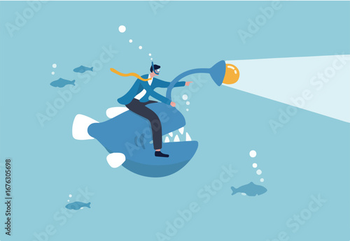 Business discovery, spotlight to guide success direction to find new opportunity, deep dive analysis or leadership challenge way, businessman riding angler fish with spotlight to search for success.