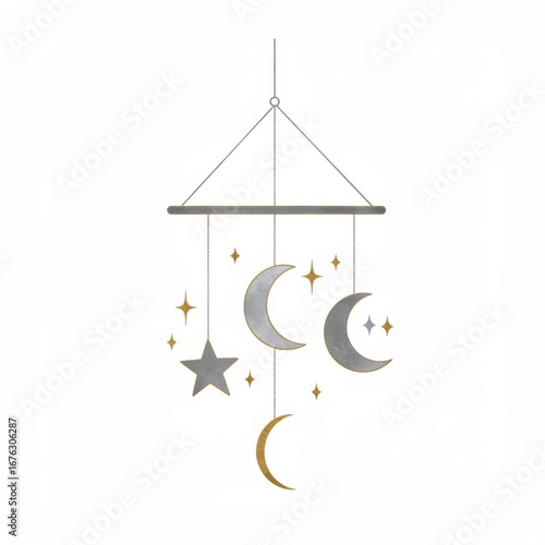 Celestial Baby Mobile with Silver and Gold Stars and Moons Decoration on White