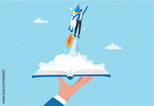 Learning and education, training or innovation to study, launch new project rocket, inspiration or growth achievement, invention concept, businessman with rocket launcher boost from education book.