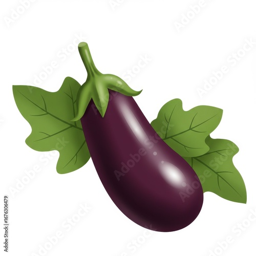 Isolated Purple Eggplant with Green Leaves on a White Background Still Life