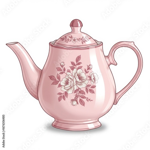 Pink Teapot with Rose Floral Design on White Background Still Life