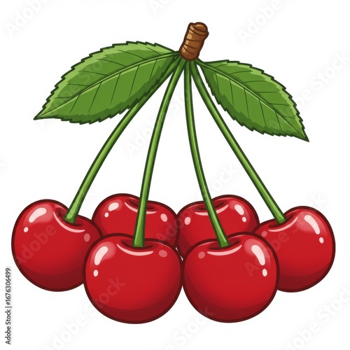 Seven Red Cherries with Green Leaves Sweet Fruit and Detailed Stems on White Background