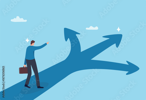 Making decision to the right path, determination or choice selection, leadership or ambition to success, opportunity choices, confidence businessman make decision pointing finger to success path.