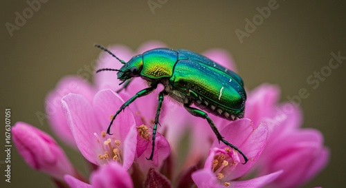 Wallpaper Mural Stunning iridescent jewel beetle perched on vibrant pink flower petals, a captivating display of nature's beauty in macro detail, perfect for commercial use Torontodigital.ca