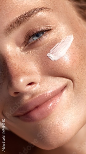 Smiling young woman applying moisturizer, fresh skincare routine on glowing skin, natural light highlighting her features.