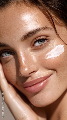 Smiling woman applying skincare, youthful beauty with glowing skin in a natural light setting, creating a fresh, inviting atmosphere.