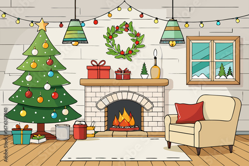 A beautiful Christmas tree with festive lights and gifts decorates the living room by a cozy fireplace