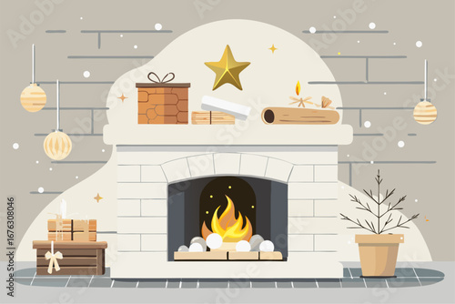 A fireplace with burning logs and warm candles decorates a cozy living room, creating a perfect atmosphere for a winter night