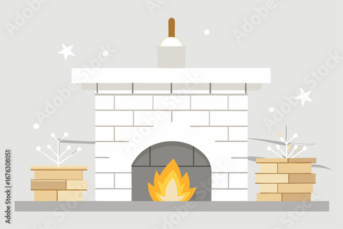 A fireplace decorated with burning candles and Christmas gifts is a warm symbol of holiday celebration