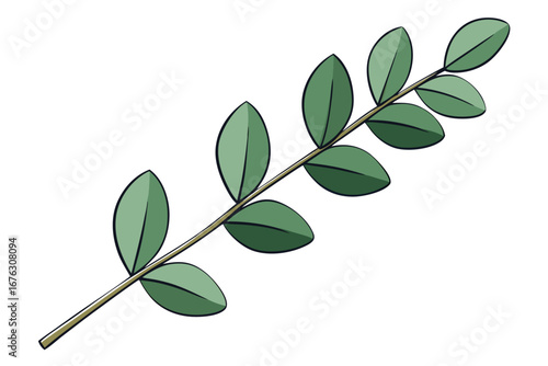 Fresh green leaves on a plant branch isolated against a clean white background