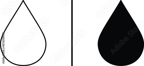 Water Drop Abstract: A minimalist study of water drops, featuring two contrasting elements; one outlined in elegant simplicity, and the other filled with bold, solid darkness.