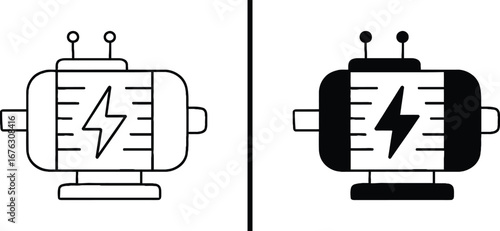 Electric Motor Icon: A stylized illustration of an electric motor, presented in both outline and solid black variations, emphasizing the power and energy it represents.