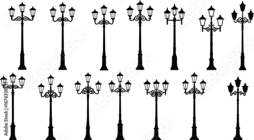 Vintage street lamp silhouettes, ornate lantern designs, classic urban lighting vector, architectural illustration for design projects