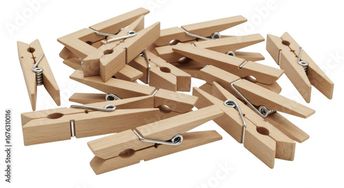 Group of Wooden Clothespins Isolated on White Surface Suggesting Laundry or Craft Concepts with Organization