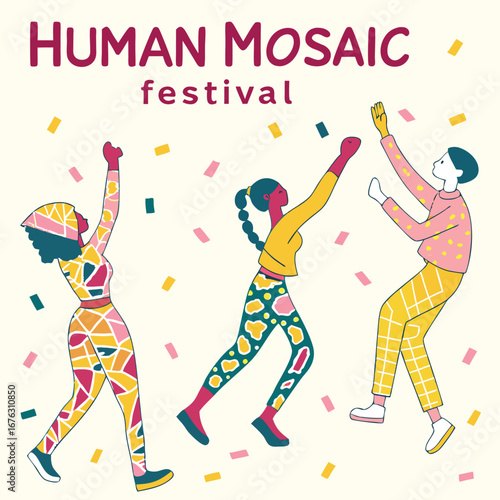 Diverse people celebrating festival with confetti dancing