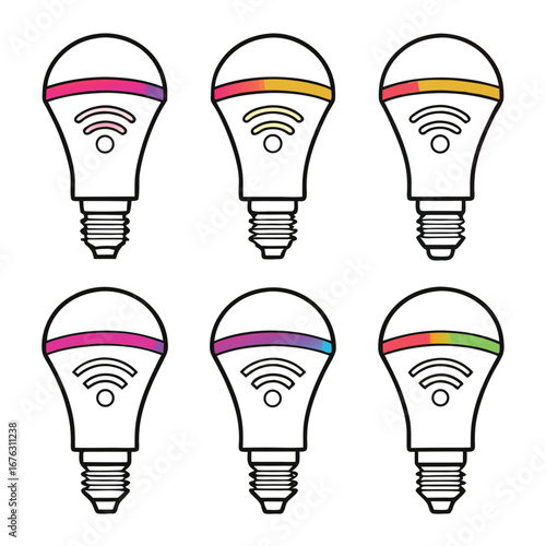 Smart bulbs with colorful bands and wifi symbols light bulb wireless