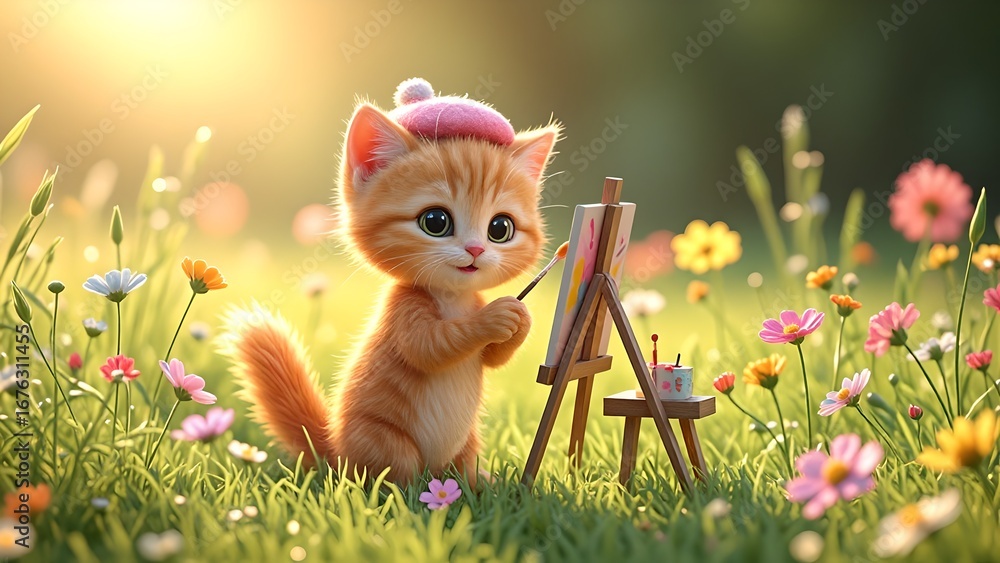 Fototapeta premium Cute Kitten Painting Colorful Flowers on Sunny Green Meadow