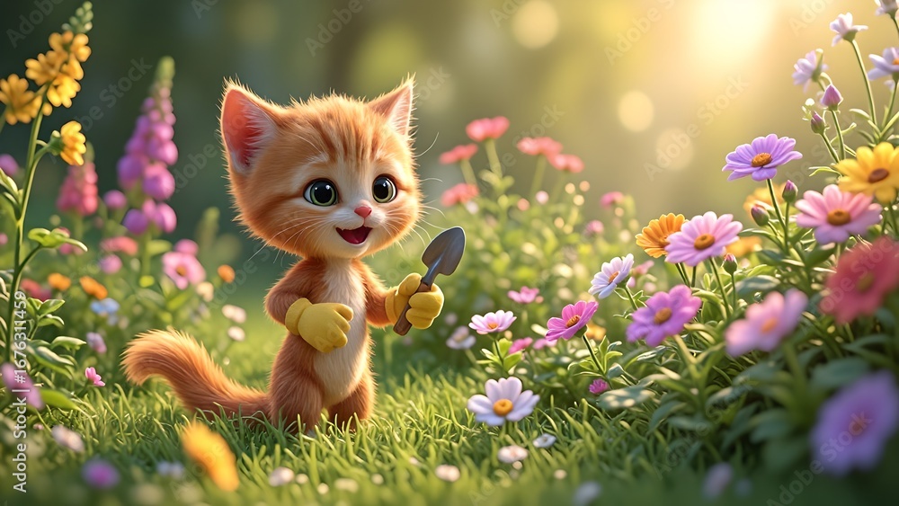 Fototapeta premium Smiling Orange Kitten Holding Garden Tool in Colorful Flower Field