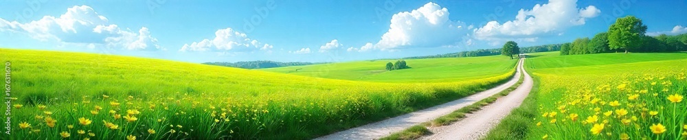 Obraz premium Serene country road winding through lush green fields under a bright blue sky, dotted with wildflowers and distant trees Perfect for travel, nature, and rural themes , pathway, sun