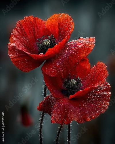 Bright red corn poppy flowers against a black and white background, symbolic Remembrance Day design