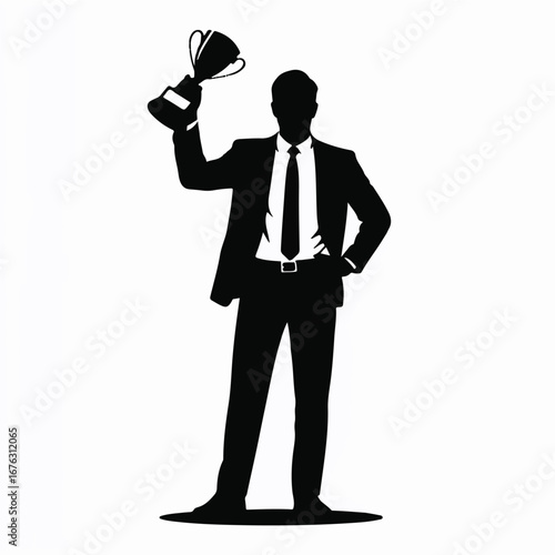 Successful businessman celebrating achievement, holding trophy high, embodying victory, ambition, and triumph after closing big deal or project