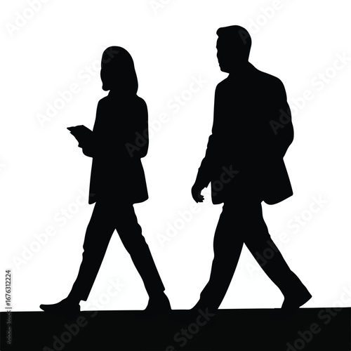 Professional silhouettes of business people walking, symbolizing teamwork, collaboration, and forward momentum towards success in a modern setting
