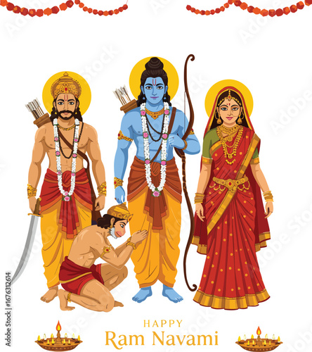 Ram Navami divine greeting with Lord Rama, Sita, and Lakshmana as Hanuman bows, celebrating the powerful Hindu religious festival.