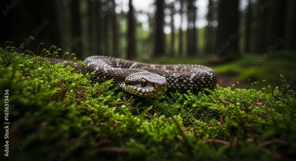 Obraz premium A Coiled Vipers Intense Gaze from a Lush, Mossy Perch in a Dim Forest.