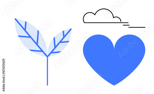 Blue heart with vibrant leaves and a sleek cloud softly floating. Ideal for wellness, environment, creativity, mindfulness, sustainability, health, simple landing page