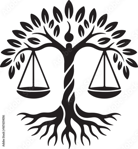Symbol of justice scales and tree roots