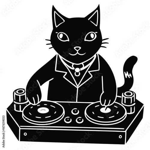 Black Cat DJ in Tuxedo Playing Turntables with Music Equipment disc jockey