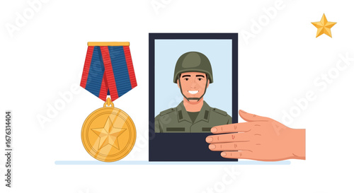 A hand holding a portrait of a soldier, with a medal and a star.