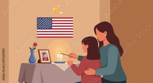 A mother and daughter light a candle in remembrance, with an American flag and a framed photo displayed on a table.