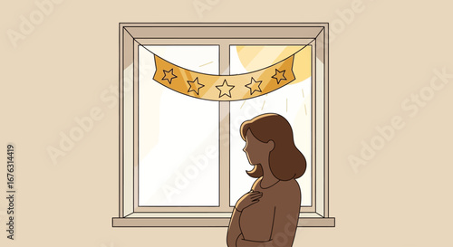 Woman gazes wistfully at five-star banner outside window, sunlight streaming in.