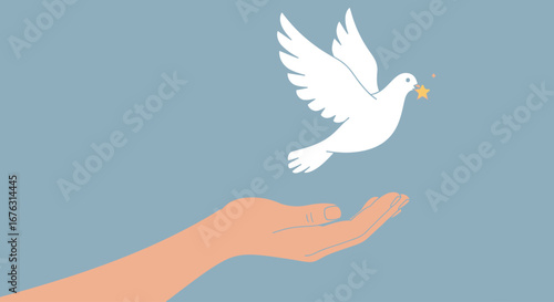 A white dove flies from an open hand, carrying an olive branch, symbolizing peace and hope against a blue background.