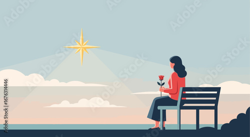 Woman sits on bench, contemplating a bright star, holding a single red rose at sunset.