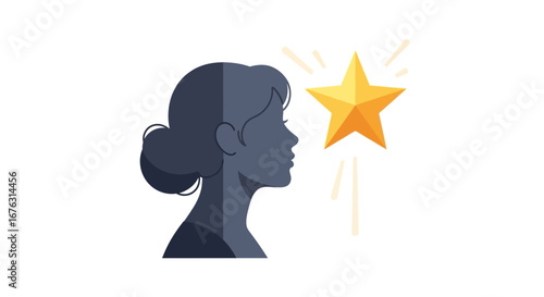 Silhouette of a woman gazing at a golden star, symbolizing ambition and achievement.
