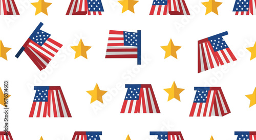 A repeating pattern of American flags and golden stars on a white background, evoking a sense of patriotism and national pride.