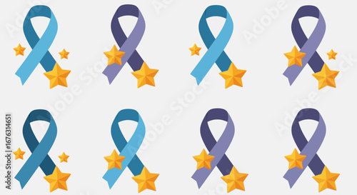 A collection of eight stylized awareness ribbons in varying shades of blue and purple, each paired with a golden star.