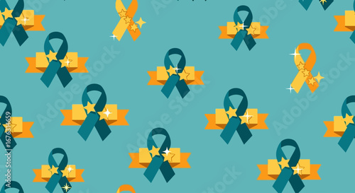 Repeating pattern of teal and gold ribbons with stars, arranged on a turquoise background.