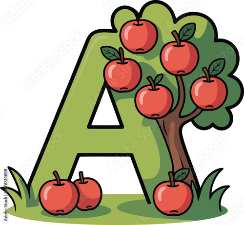 Letter A with Apple Tree Illustration for Alphabet Learning and Orchard Scenery