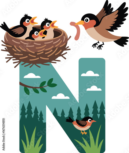 Letter N Nestlings Nature Nurture: Avian Alphabet with Birds Feeding Young in Forest Setting
