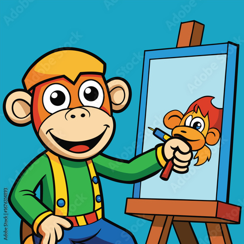 Cartoon Monkey Artist Painting a Monkey Portrait on Canvas with Easel drawing